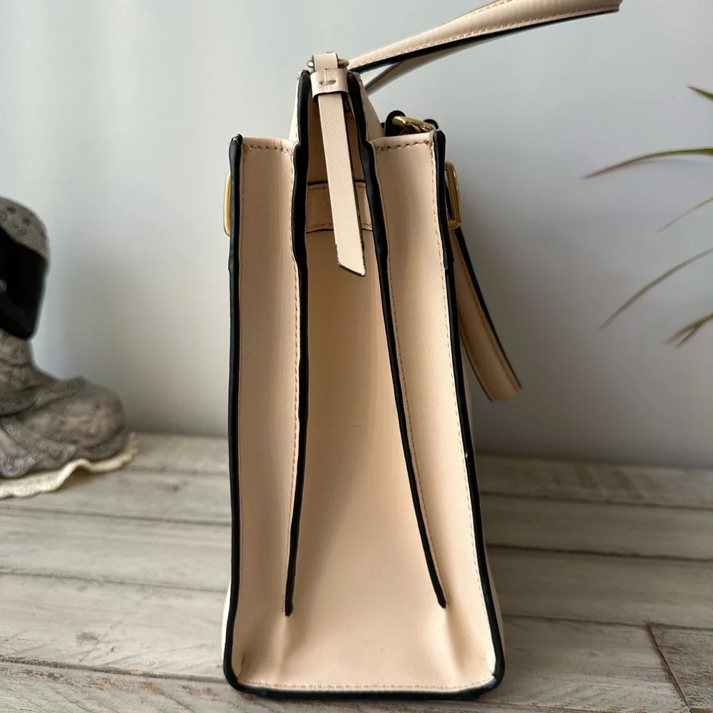 Calvin Klein Cream Roxy Leather Tote Crossbody Bag with Gold Accents